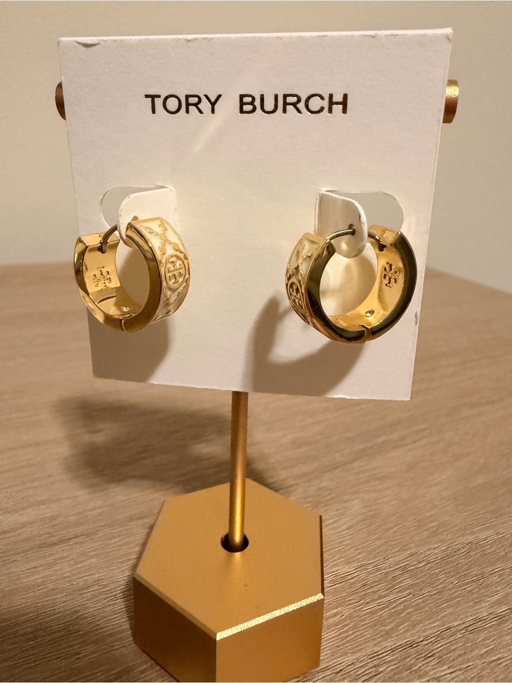 Tory Burch Small Icon T Monogram Huggie Hoop Earrings Ivory Gold tone New